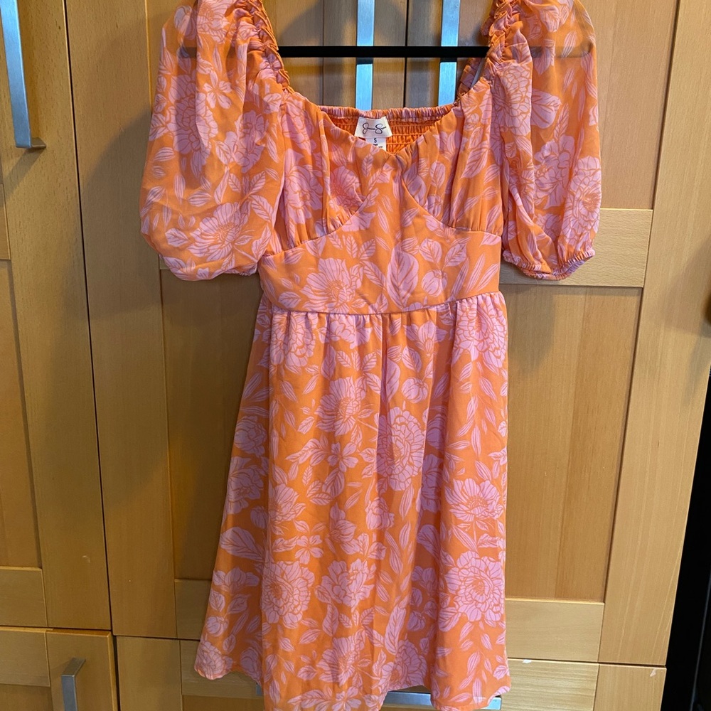 Jessica Simpson Orange and Pink Sundress 3/4 Sleeve Scoop Neck